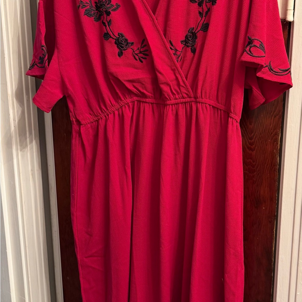SHEIN Red Midi Dress with Black Floral Embroidery